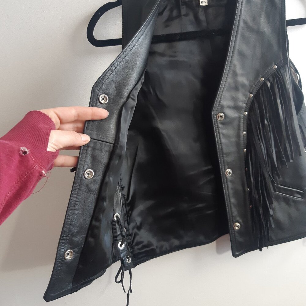 Vintage Genuine Leather Fringe Vest Biker Western Black Lace Up Made in Canada S - Picture 8 of 11